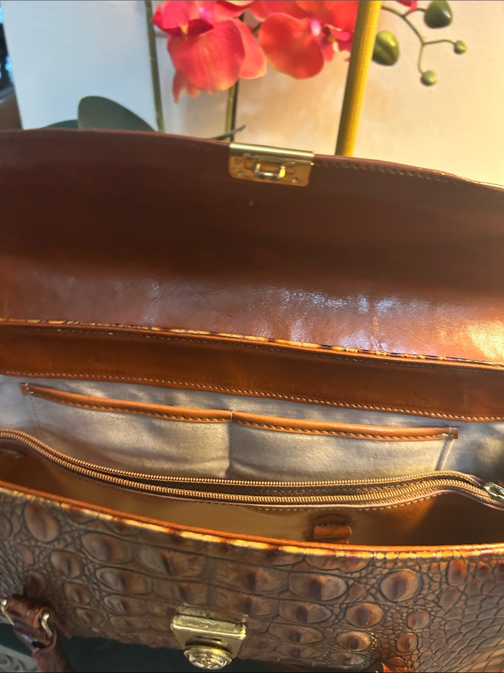 Brahmin Brown Croc-Embossed Leather Satchel with Top Straps - Picture 3 of 5